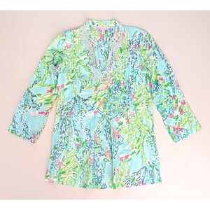 Lilly Pulitzer Sarasota Tunic Top White Beads Sky Blue Print XXS Pintuck Pleats